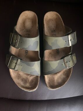 Birkenstock Arizona Camo Green Two-Strap Leather Mules